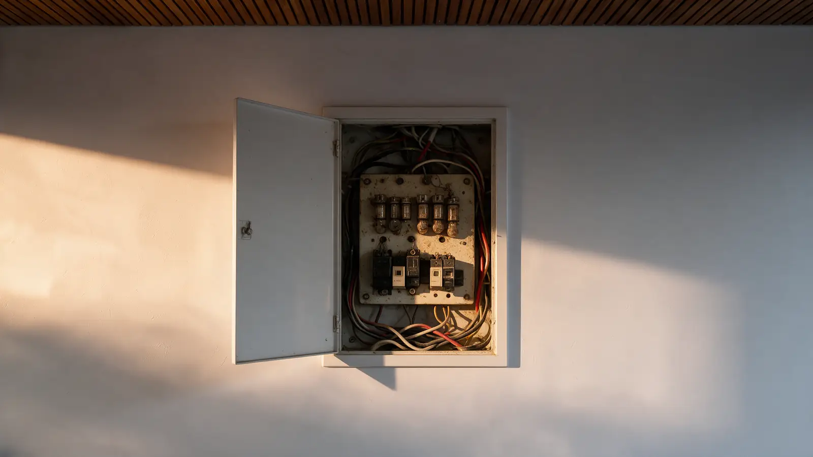 Ilustração conceitual: quadro elétrico antigo aberto, com componentes desatualizados e fiação sem organização.